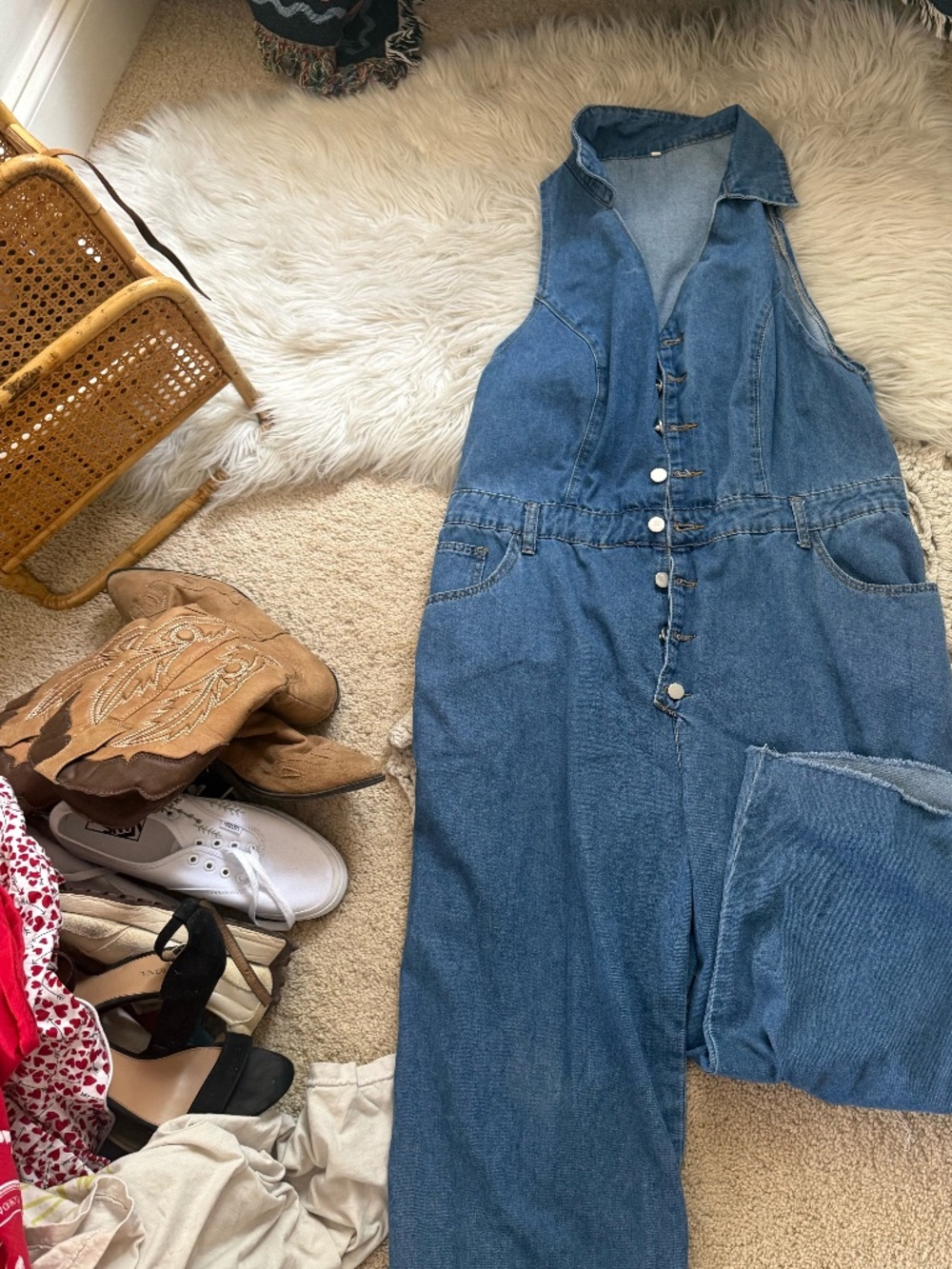 Denim Halter Jumpsuit XL Collared Button Down One Piece